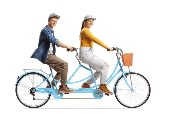Guy Girl Riding Tandem Bicycle Looking Camera Isolated White Background — 图库照片