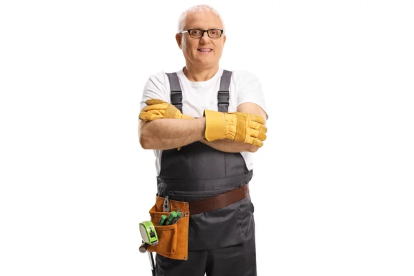 Repairman Tool Belt Posing Crossed Arms Isolated White Background — 스톡 사진