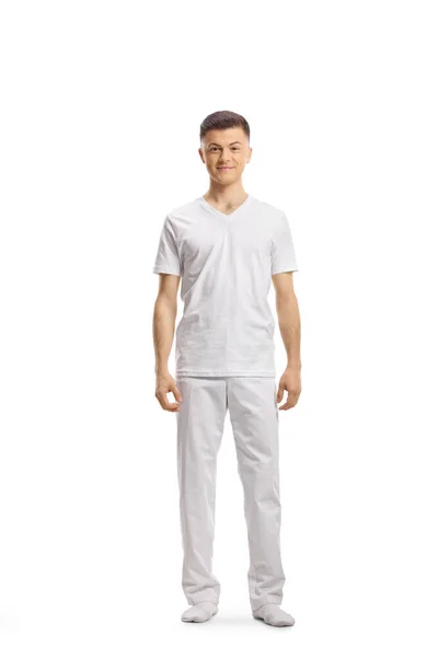 Full Length Portret Van Een Jonge Man Witte Kleren Sokken — Stockfoto