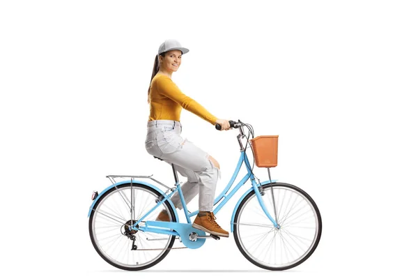 Full Length Profile Shot Young Female Riding City Bicycle Looking — Stock Photo, Image