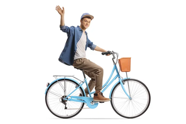 Full Length Profielfoto Van Een Man Rijden Een Stadsfiets Zwaaien — Stockfoto