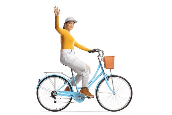 Full Length Profile Shot Young Female Riding City Bicycle Waving — Stock Photo, Image