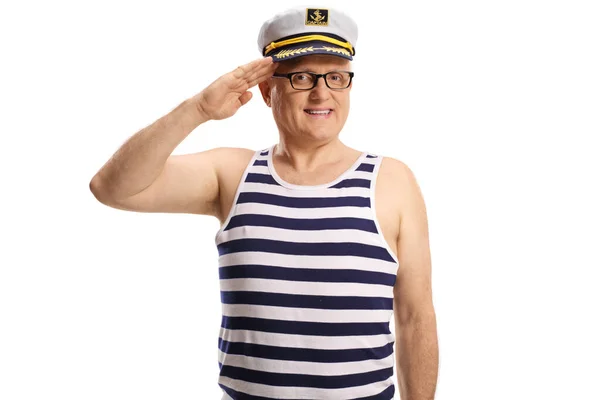 Mature Sailor Captain Greeting Hand His Head Isolated White Background — 图库照片