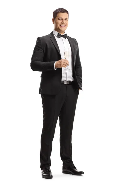 Elegant Young Man Suit Bow Tie Holding Glass Sparkling Wine — 图库照片