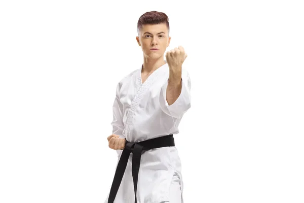 Kerl Praktiziert Karate Isoliert Auf Weißem Hintergrund — Stockfoto