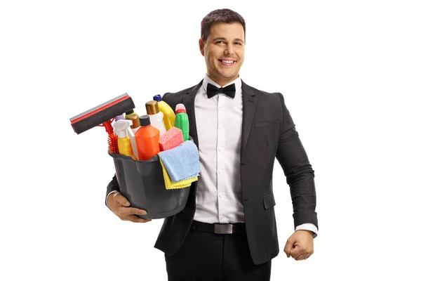 Young Man Suit Bow Tie Holding Bucket Cleaning Supplies Isolated — Stock Photo, Image