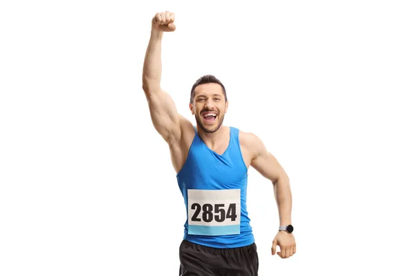 Jongeman Loopt Een Marathon Gebaren Met Hand Geïsoleerd Witte Achtergrond — Stockfoto