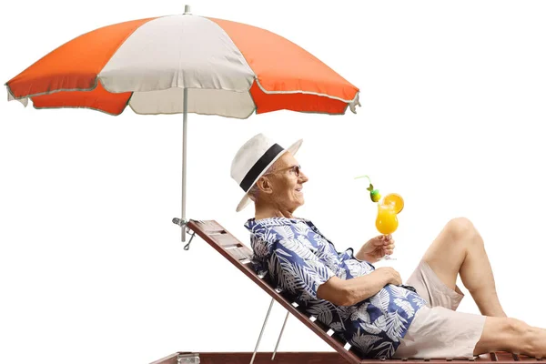 Elderly Man Relaxing Beach Bed Umbrella Cocktail Isolated White Background — Stock Photo, Image