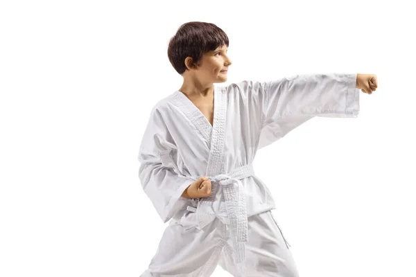 Kind Een Witte Kimono Beoefenen Vechtsport Geïsoleerd Witte Achtergrond — Stockfoto