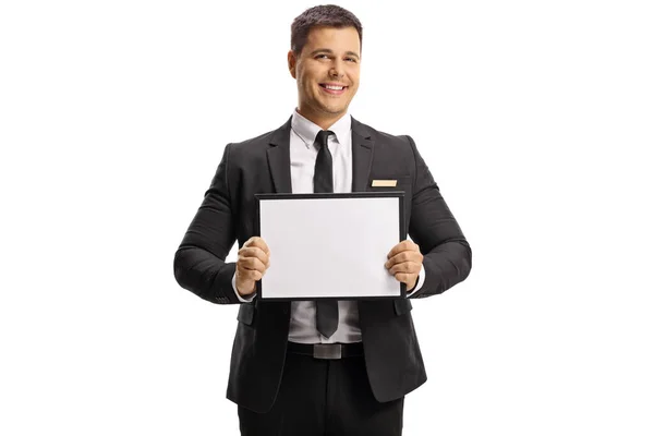 Hombre Traje Corbata Sosteniendo Una Tabla Vacía Llegadas Aisladas Sobre —  Fotos de Stock