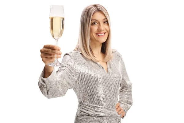 Elegante Junge Frau Einem Kleid Die Mit Einem Glas Sekt — Stockfoto