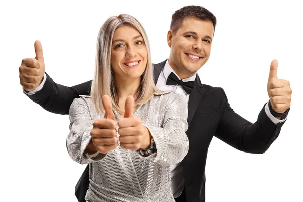 Elegante Jovem Homem Mulher Gesticulando Polegares Isolados Fundo Branco — Fotografia de Stock