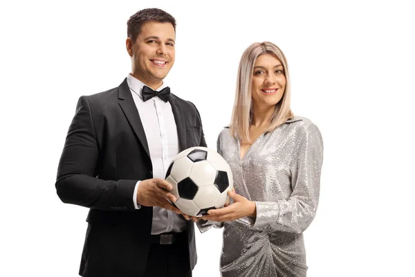 Élégant Jeune Homme Femme Tenant Ballon Football Isolé Sur Fond — Photo