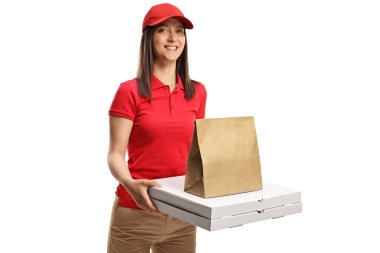 Pizzacı kız beyaz arka planda izole edilmiş.