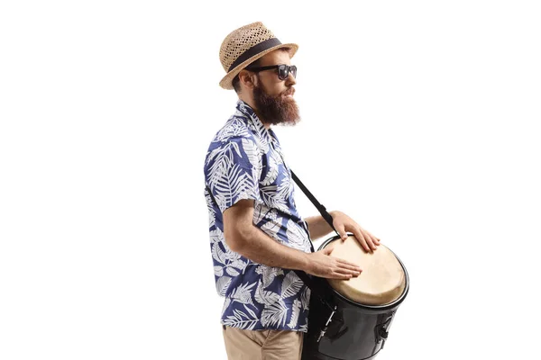 Profil Barbu Avec Tambour Conga Isolé Sur Fond Blanc — Photo