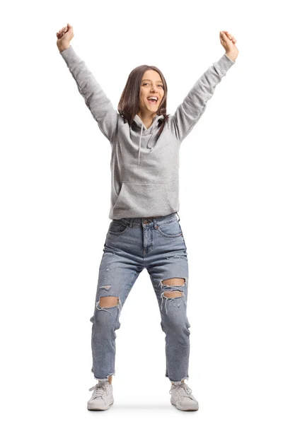 Retrato Larga Duración Una Adolescente Excitada Saltando Haciendo Gestos Felicidad —  Fotos de Stock