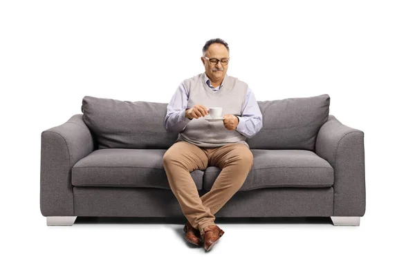 Mature Man Sitting Sofa Drinking Cup Coffee Isolated White Backgroun — 图库照片