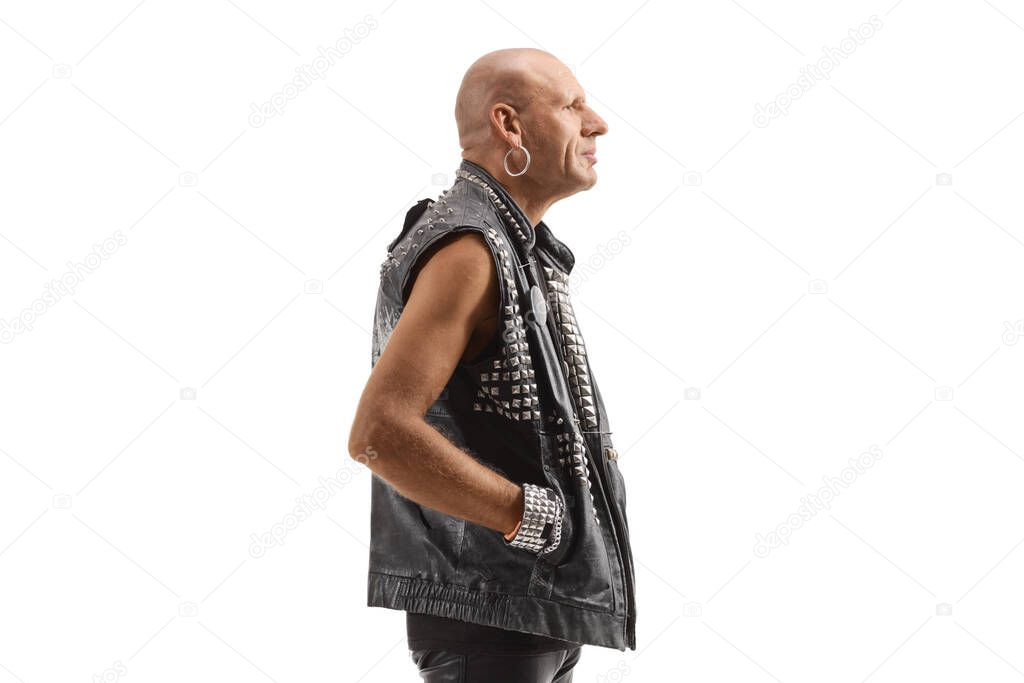 Bald punk man in leather clothes isolated on white background
