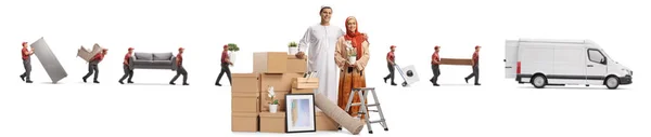 Young Muslim Couple Packing Movers Carrying Items Van Isolated White — 图库照片
