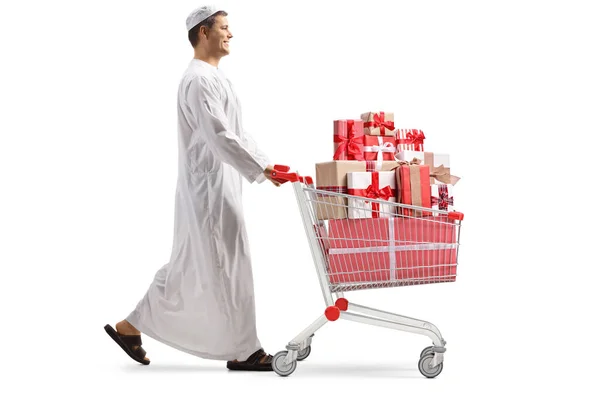 Profilbild Voller Länge Von Einem Muslimischen Mann Der Einen Einkaufswagen — Stockfoto