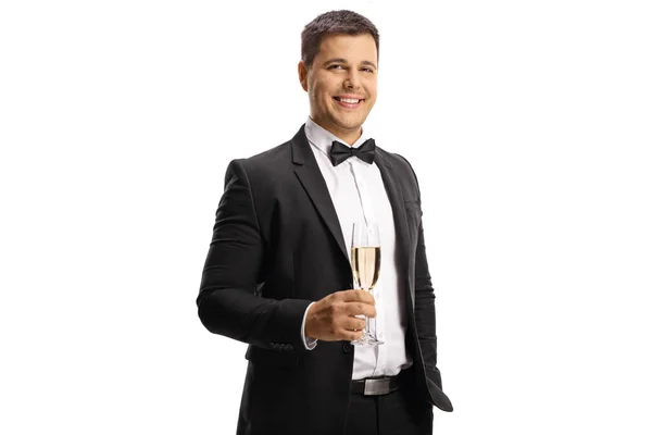 Young Man Suit Bow Tie Holding Glass Sparkling Wine Looking — 图库照片