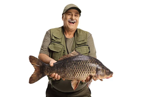 Happy Exctied Mature Fisherman Holding Big Carp Fish Isolated White — 图库照片