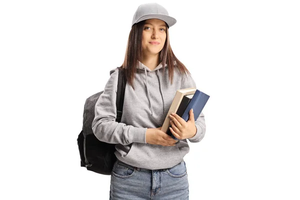 Studentin Mit Mütze Die Bücher Isoliert Auf Weißem Hintergrund Hält — Stockfoto
