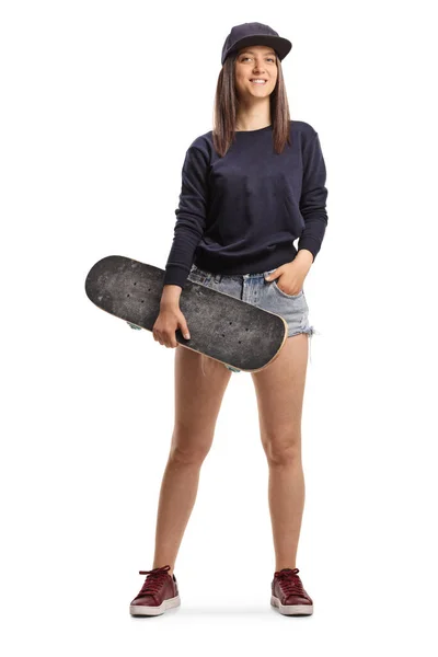 Full Length Portrait Skater Girl Holding Skateboard Isolated White Background — Stock Photo, Image