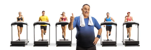 People Treadmills Mature Man Towel Showing Thumbs Isolated White Background — 图库照片