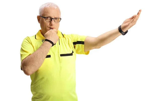 Football Referee Blowing Whistle Gesturing Sign Isolated White Background — Stock Photo, Image