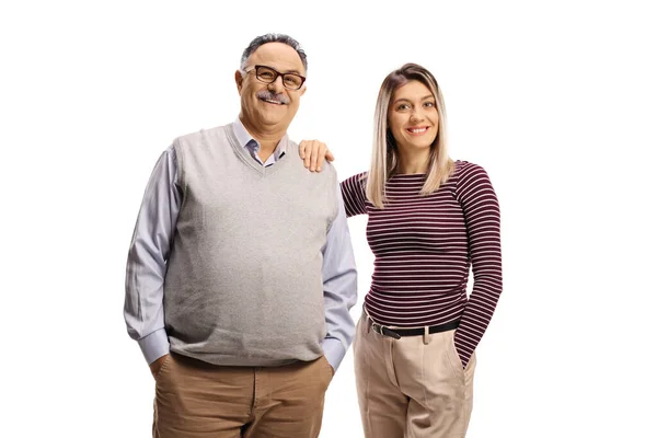 Young Woman Holding Mature Man His Shoulder Smiling Camera Isolated — Stock Photo, Image