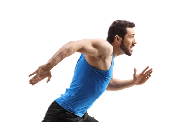 Hombre Fuerte Empezando Correr Rápido Aislado Sobre Fondo Blanco — Foto de Stock