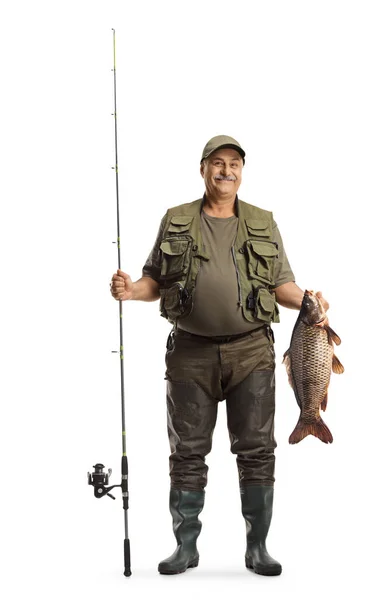 Full Length Portrait Happy Fisherman Uniform Holding Big Carp Fish — Stock Photo, Image