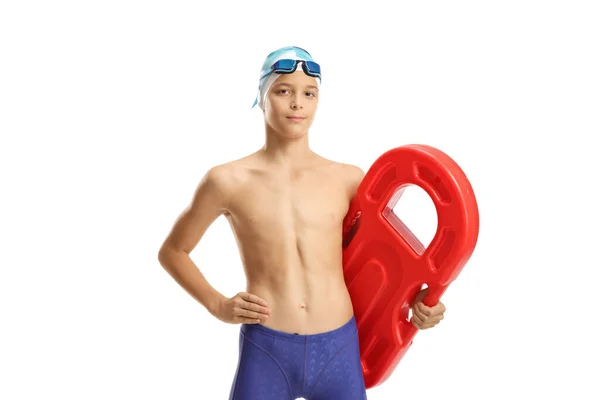 Nadador Joven Con Flotador Natación Aislado Sobre Fondo Blanco — Foto de Stock