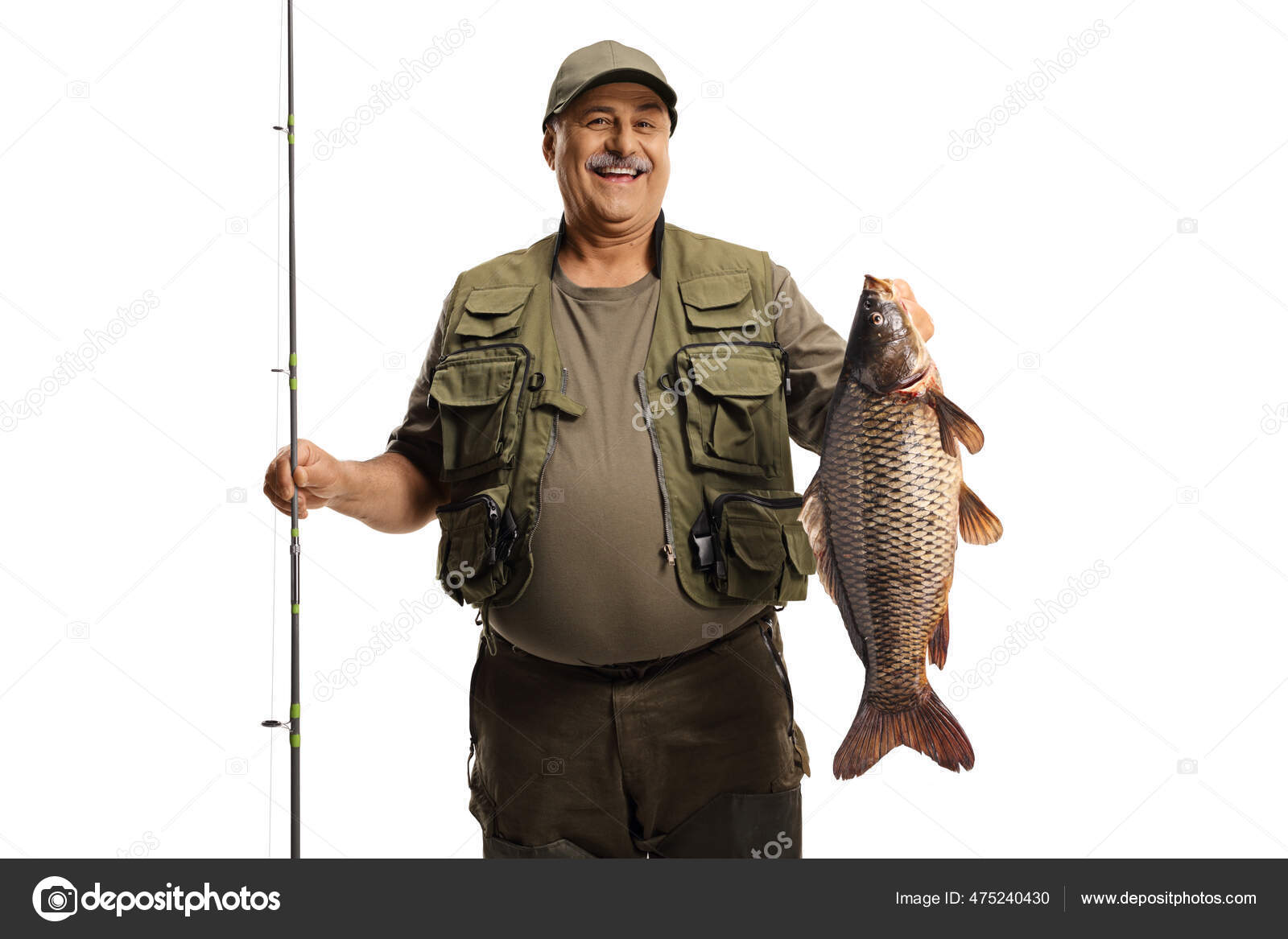 Smiling Mature Fisherman Holding Fishing Rod Big Carp Fish