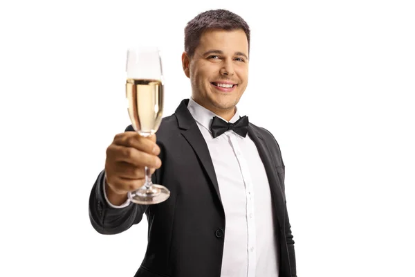 Elegante Joven Traje Pajarita Brindando Con Una Copa Vino Espumoso — Foto de Stock