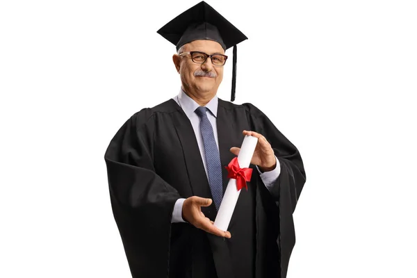 Decano Universidad Vestido Graduación Con Diploma Aislado Sobre Fondo Blanco — Foto de Stock
