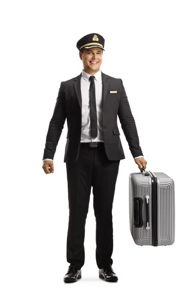 Full Length Portrait Hotel Porter Carrying Suitcase Isolated White Background — Stock Photo, Image