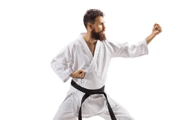 Hombre Barbudo Kimono Practicando Artes Marciales Aislado Sobre Fondo Blanco —  Fotos de Stock