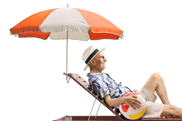 Pensioner Enjoying Sunbed Umbrella Inflatable Beach Ball Isolated White Background — Stock Photo, Image