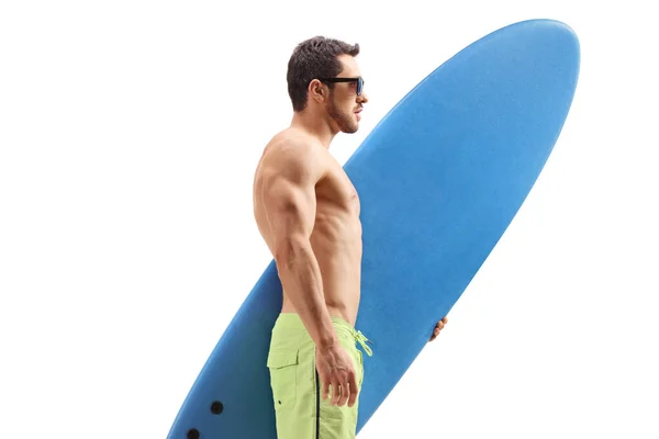 Fit Man Surfboard Standing Waiting Isolated White Background — Stock Photo, Image