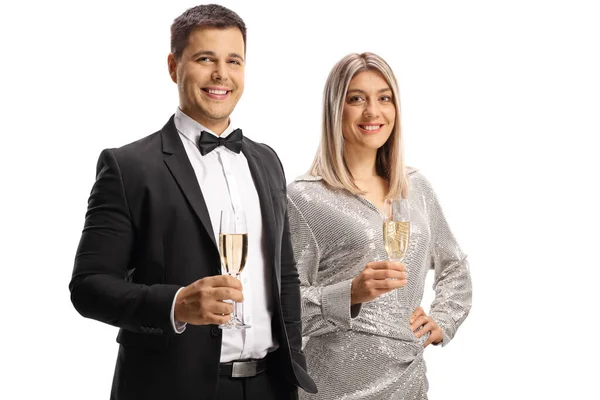 Young Man Woman Elegant Clothes Holding Glasses Sparkling Wine Isolated — Stock Photo, Image