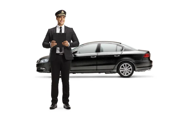 Full Length Portrait Chauffeur Man Holding Clipboard Front Black Car — Stock Photo, Image