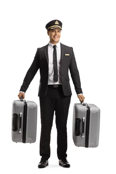 Full Length Portrait Porter Uniform Carrying Suitcases Smiling Isolated White — Stock Photo, Image