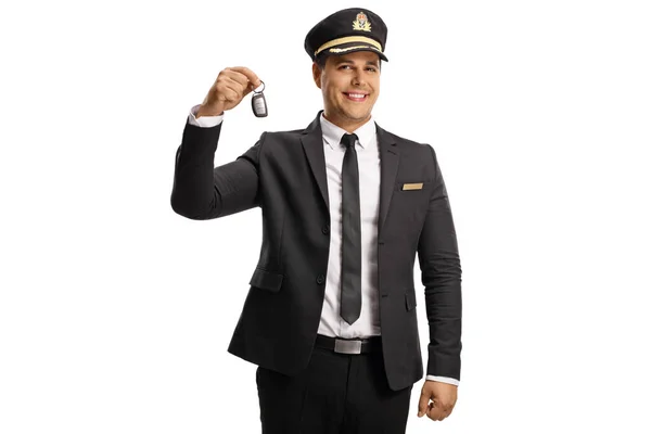 Chauffeur Uniform Mit Autoschlüssel Und Kamera Auf Weißem Hintergrund — Stockfoto