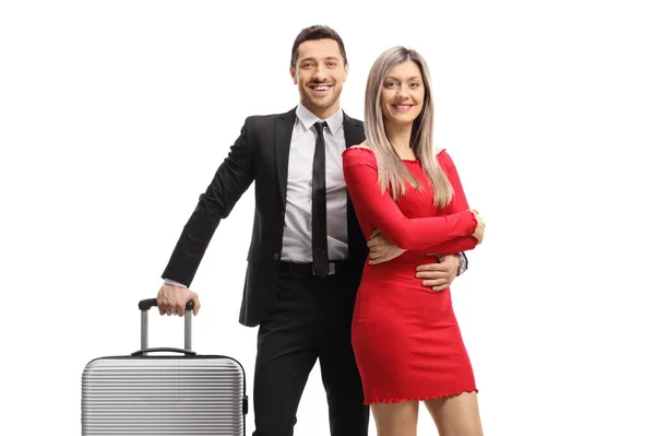白い背景に隔離されたスーツケースを持つ若いカップル — ストック写真