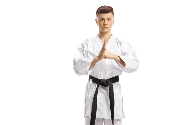 Adolescente Kimono Ejerciendo Artes Marciales Aislado Sobre Fondo Blanco —  Fotos de Stock