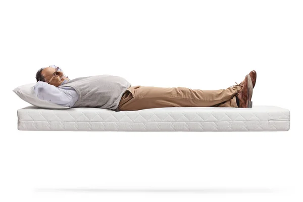 Mature Man Lying Floating Mattress Isolated White Background — Stock Photo, Image