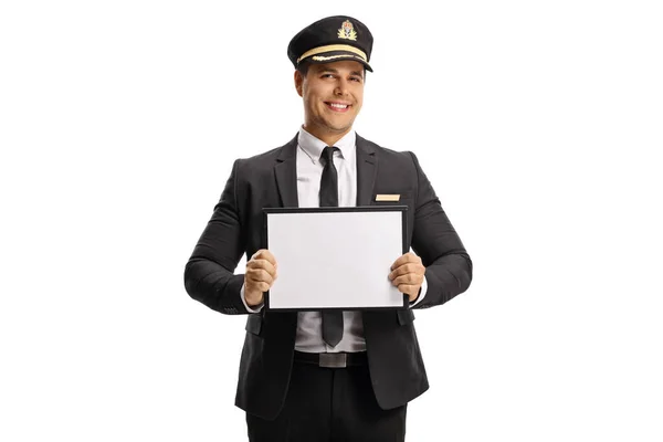 Portier Een Uniform Met Een Blanco Bord Geïsoleerd Witte Achtergrond — Stockfoto