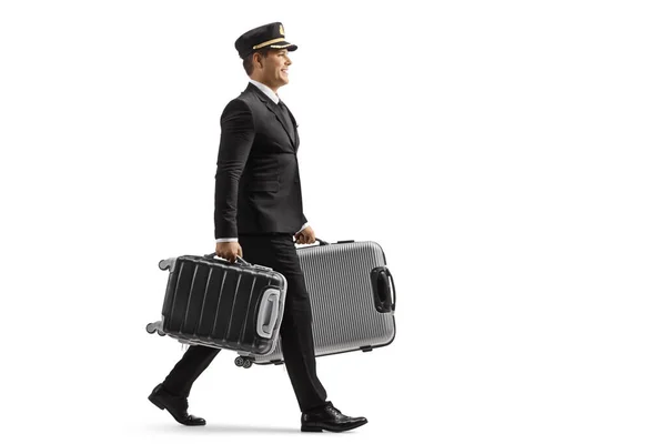 Full Length Profile Shot Porter Uniform Walking Carrying Suitcases Isolated — Stock Photo, Image